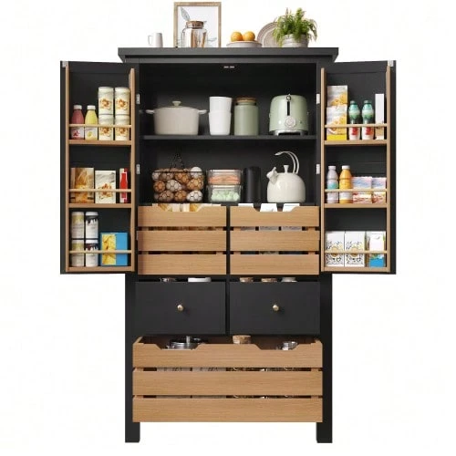 Kitchen Cabinet (80 X 40 X 140 Cm), Tall Sideboard, Multifunctional Sideboard, Storage Unit With Two Doors And Five Drawers, Black And White - 黑色 - 查看 1