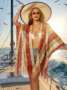 2026 New Women's Bohemian Vintage Zigzag Pattern Cover-Up, Tassel Hem Front Opening Beach Cover-Up, Crochet Colorful Tassels Red Vacation Summer - Red - View 1