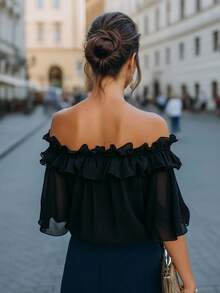 2026 New Off-Shoulder Top, Navy Blue Shirt, Ruffle Top, Double Layer Ruffle, Dark Blue Solid Color, Midnight Blue, Plus Size Friendly Black Summer - Black - View 3