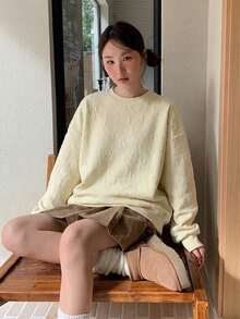 1件女士纯色宽松长袖卫衣 - 杏色 - 查看 3