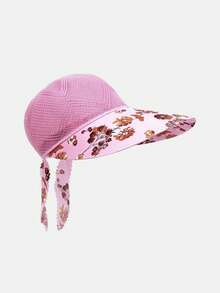 1pc Floral Ribbon Open Top Sun Hat For Women, Summer Hollow Wide Brim Sun Protection Hat, Ponytail Tie, Beach Vacation Sun Hat - Floral Print - View 5