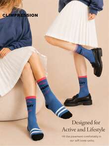 CLIMPRESSION Women's Soft Cotton Letter Print Mid-Calf Socks, Back To School Casual Sports Socks, Suitable For Teenage Girls Daily Wear - Blue - View 4