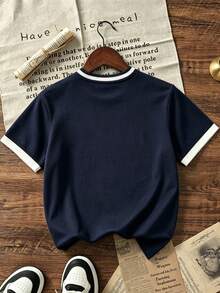 Children's Preppy Navy Blue Knit Short Sleeve Top, Striped Ribbed Collar And Cuffs With Contrast Trim, Solid Color Casual Everyday Sweater T-Shirt - Navy Blue - View 4