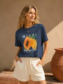 2026 Summer Women Round Neck Tee, Watercolor Papaya Mango Print, Soft Breathable Casual Top Daily Vacation, Free Shipping Ship In 24H. - 藏蓝色 - 查看 18
