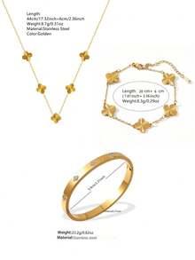 VceTd 1/3/4PCS Fashion Four-Leaf Clover Element Stainless Steel Women's Jewelry Set, Suitable For Daily Wear Or Holiday Gift - Yellow Gold - View 15