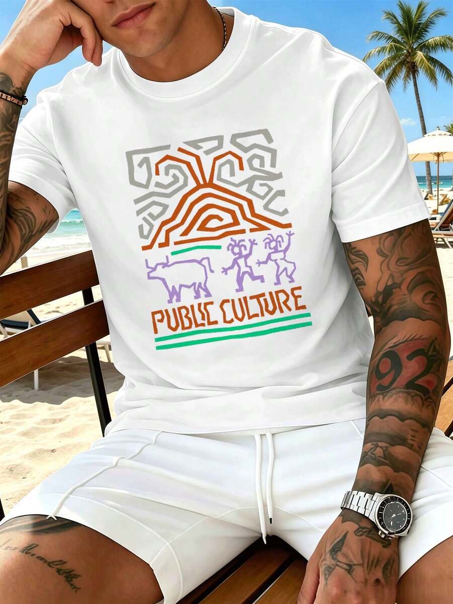 Camiseta casual de verano para hombre con estampado gráfico, de algodón suave, cuello redondo, corte holgado, cómoda y dise?o gráfico. - Blanco - Ver 1