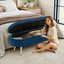 Multifunctional Storage Bench, Soft Chenille Fabric, Wooden Legs, Solid Wood Frame, 20L Storage Space, 110x40x42cm, For Bedroom, Living Room, Shoe Bench, Hallway - 寶藍色 - 查看 8