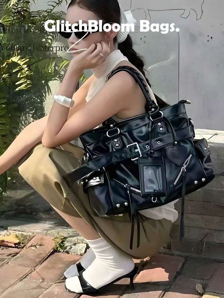 Y2K 龐克風大容量單肩包，鉚釘與扣飾裝飾人造皮革手提包，哥德街頭風托特包女款（不含配件或貼紙）