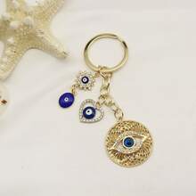 1pc Sparkling Rhinestone Blue Evil Eye Tassel Heart Keychain Turkish Style Accessory Bag Charm - Multicolor - View 3