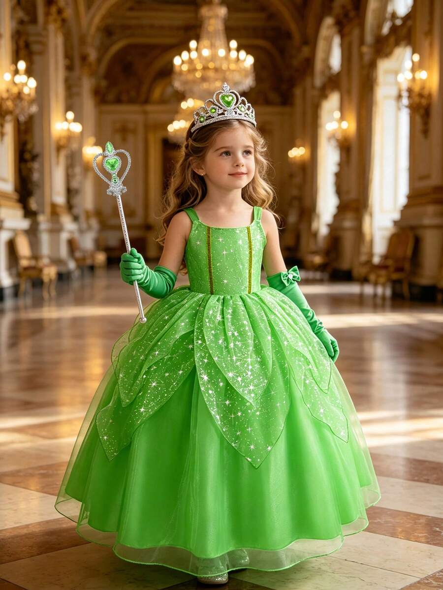 5pcs/Set Girls Green Sleeveless Tutu Dress, Crown, Magic Wand, Gloves Costume Set, Role Play Outfit For Kids, Party, Carnival, Halloween, Christmas, Book Week Costume - Green - View 1