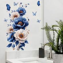 1pc Blue And White Peony Flower Butterfly Wall Sticker, Bedroom Bathroom Decor Decal, PVC - A - View 2