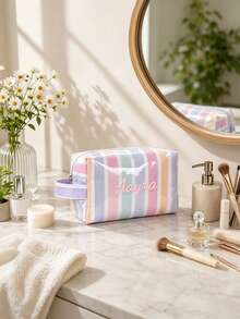 Women's Personalized Striped Makeup Bag, Customized Name Cosmetic Storage Bag, Fashion Travel Toiletry Organizer, Portable Toiletry Bag, Preppy Striped Storage Bag, Bridesmaid Gift, Beach Vacation Essential, Women's Birthday Gift - Multicolor - View 5