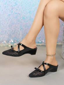 Black Mesh Pointed Toe Wedge Pumps - Black - View 1