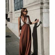 V-Neck Sleeveless Color Blocking Color Clash Swing Dress - 紫紅色 - 查看 3
