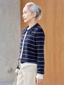 女款時尚海軍藍條紋開襟羊毛混紡針織衫，鈕扣式毛衣，適合萬聖節、感恩節、聖誕節節日穿搭 - 藏蓝色 - 查看 3