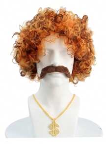 70s Disco Afro Wig Set With Matching Brown Mustache Gold Chain Accessory Retro Synthetic Hair For Hippie Halloween Party Men Vintage Costume Kit - Multicolor - View 3