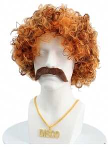 70s Disco Afro Wig Set With Matching Brown Mustache Gold Chain Accessory Retro Synthetic Hair For Hippie Halloween Party Men Vintage Costume Kit - Multicolor - View 12