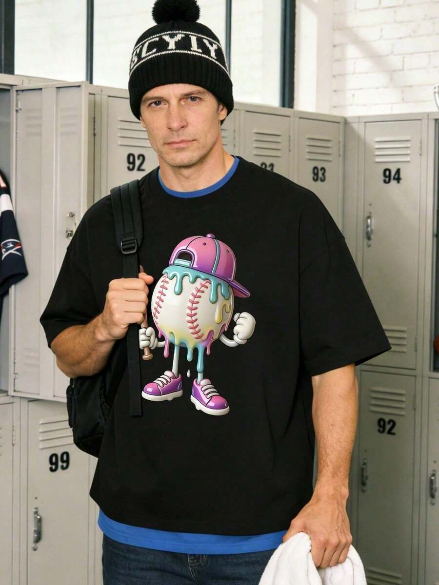 Tricou casual de vară pentru bărbați | Guler rotund, mânecă scurtă, material moale | Baseball | Stil stradal american, tricouri pentru bărbați - Negru - Vizualizare 1
