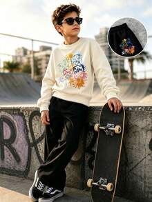 Conjunto de 2 piezas/Set Sudadera de cuello redondo y pantalones con estampado de controlador de juego de graffiti colorido para niños, moda de otoño/invierno, estilo nuevo y cómodo - Multicolor - Ver 3