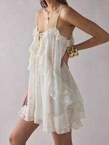 Top Dazzle Women's Spaghetti Strap Black Casual Ruffle Mini Sun Dress - White - View 1