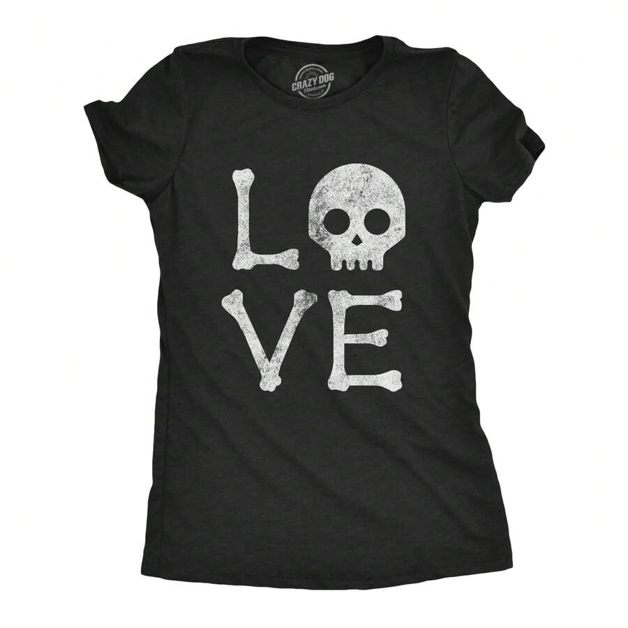 Womens Love Skull T Shirt Funny Skeleton Bones Halloween Party Graphic Tee Funny Womens T Shirts Cute Vintage Fashion Casual Ladies T-Shirt Gift Hallo - Black - View 1