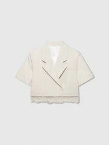 女款短袖翻領蕾絲短版西裝外套 夏季 - 米色 - 查看 1