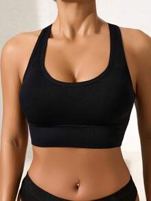 Runway Rest 1pc Solid Color Women's Sports Bra, Removable Padding Fitness Yoga Racerback Comfortable Sports Underwear - Black - View 5