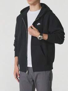 Nike Club AS M NK BB FZ Brand Logo Zipper Long-Sleeve Knit Hooded Thermal-Lined Warm Jacket For Men - Black - View 1