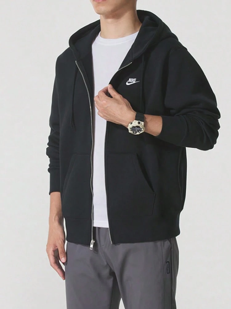 Nike Club AS M NK BB FZ Brand Logo Zipper Long-Sleeve Knit Hooded Thermal-Lined Warm Jacket For Men - Black - View 1