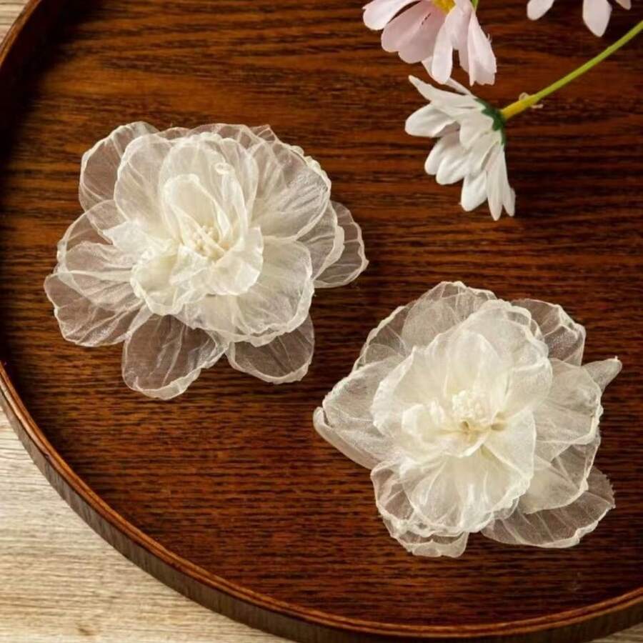 2pcs/1pc /Set Fashion Organza Chiffon Flower Hair Clips, Suitable For Outing, Vacation, Girlfriend, Family Use - Beige - View 1