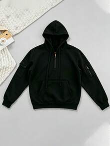 Sweatshirt Kargo Pria dengan Resleting Setengah, Banyak Saku, Manset Resleting, Tali Serut, Berkerudung, Lengan Panjang, Atasan Kasual untuk Aktivitas Luar Ruangan - Hitam - View 2