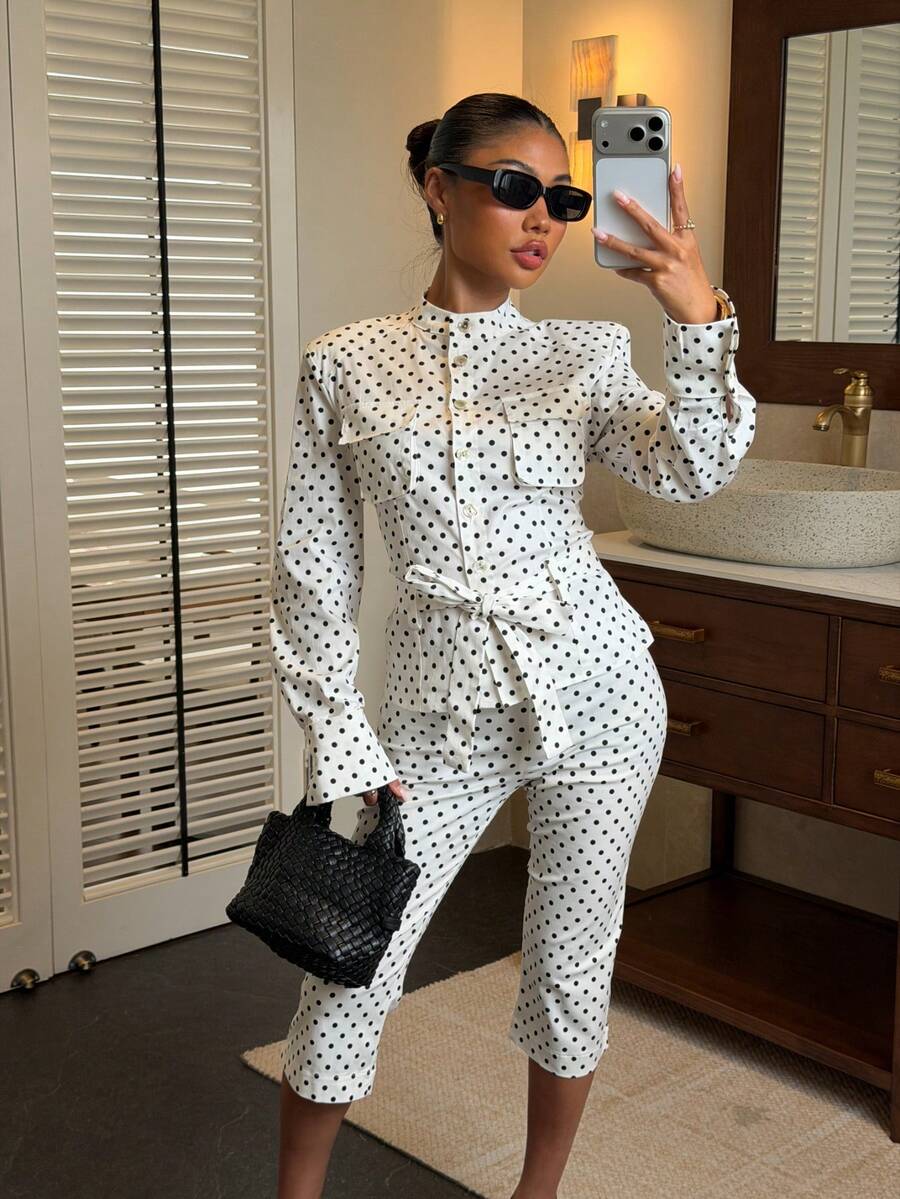 DEEKA Summer New Women's Fashion European And American Style Minimalist Polka Dot Shacket And Mid-Length Pants Set White Elegant - White - View 1