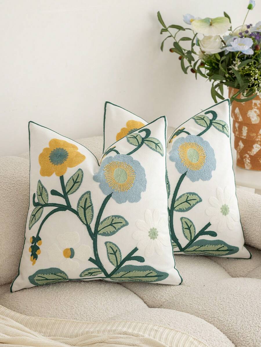 1pc Modern Pastoral Country Style Embroidered Pink Tulip Floral Soft Washable Machine Washable Decorative Pillow Case Suitable For Sofa Bedroom Living Room Home Decor - Retro Blue and Yellow Flowers - View 1