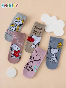 5 Pairs SNOOPY Genuine Charlie Brown Puppy Cartoon Pattern Women's Straight Socks - Multicolor - View 3