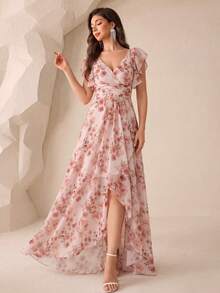 [Random Cut Floral Pattern]Women's Front And Back V-Neck Ruffle Sleeve Elegant Elegant Digital Print Chiffon Bridesmaid Dress - Redwood - View 1