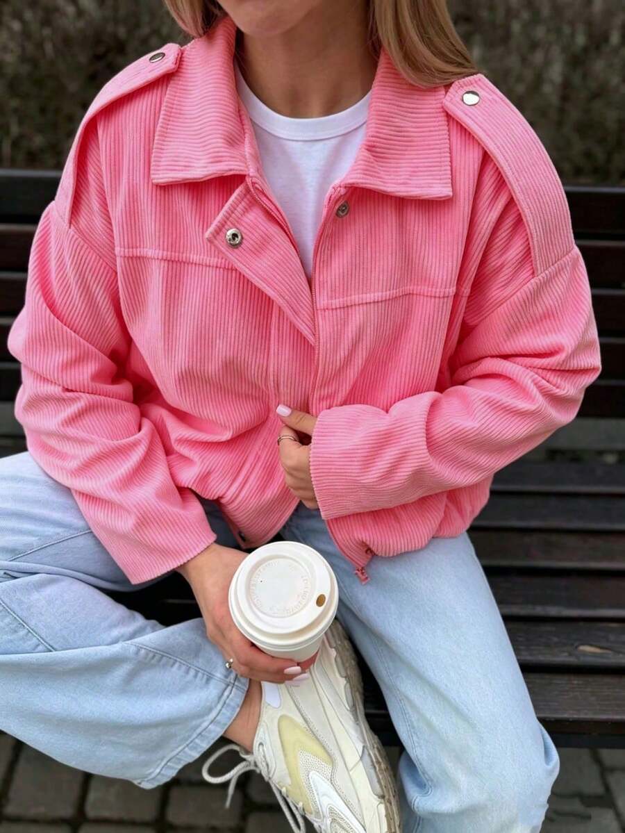 Jaket Penerbangan Wanita Warna Pink Bergaris, Bahan Poliester, Lengan Panjang, Kerah Berlipat, Panjang Standar, Potongan Longgar Kasual, Detail Patchwork - Berwarna merah muda - View 1
