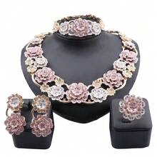 Luxury Two-Tone Floral Rhinestone Jewelry Set, Pink Flower Necklace Bracelet Earrings Ring Bridal Formal Outfit Matching Set - 4-piece Set - View 10