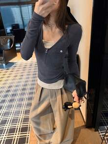 Women's Long Sleeve T-Shirt, Spring/Autumn New Style, Zipper Slim Fit Base Layer, 2 In 1 Top Casual - Dark Grey - View 3