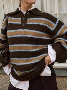 Women's Oversized Striped Polo Knit Sweater Long Sleeve Drop Shoulder Brown Knitted Fabric Button Detail Top For Fall - Brown - View 1