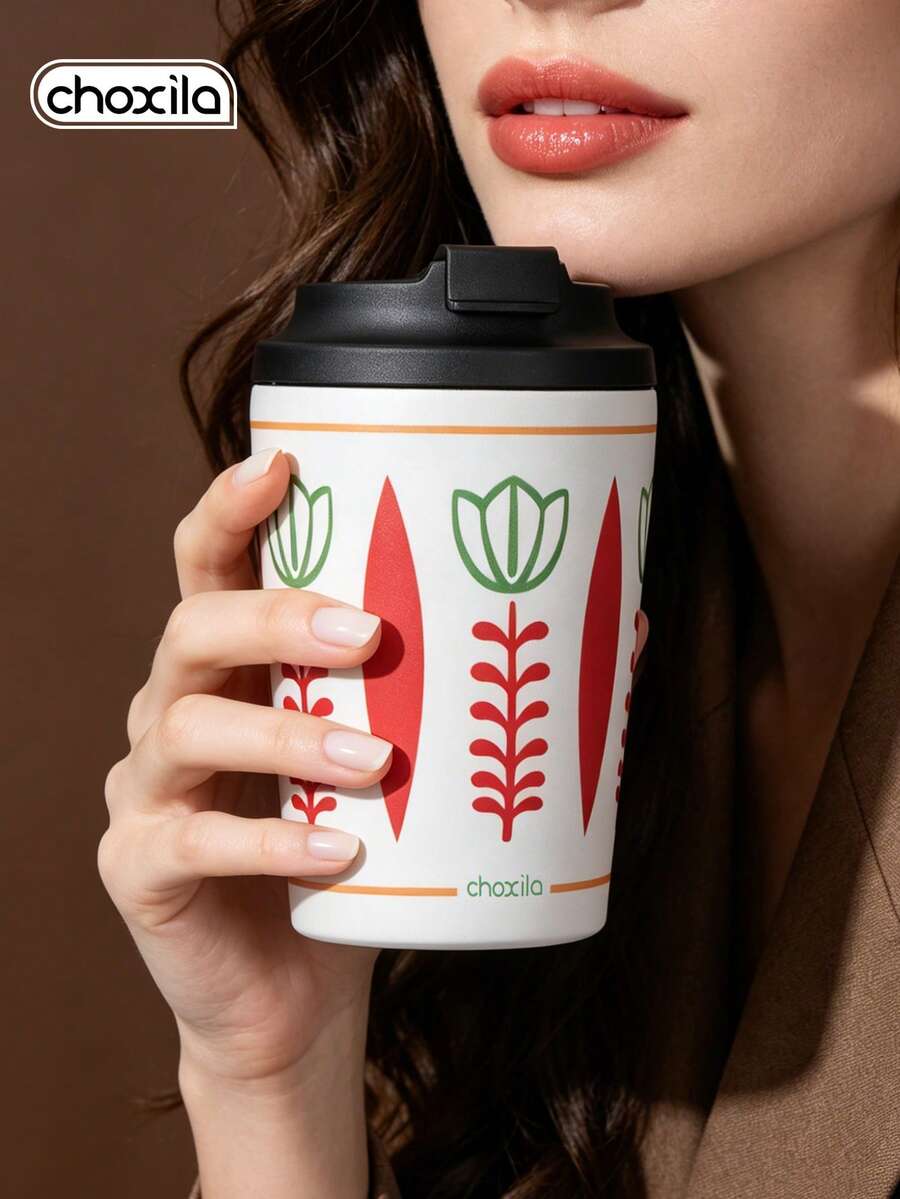 choxila 1pc 350ml Vintage Tulip Floral Vacuum Insulated Tumbler, White Stainless Steel Travel Coffee Mug With Leak-Proof Lid, Suitable For Car/Office And Daily Use, Perfect For Women, Girls And Commuters - Red and White - View 1