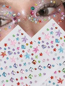 3D Shiny Star And Starfish Rhinestone Face Stickers, Iridescent Star Round Crystal Rhinestone Self-Adhesive Face Gems, Suitable For Music Festivals, Parties, DIY Body, Eye, Face Makeup Decoration - Multicolor - View 3