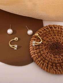 1pc/Set Mermaid Pearl Stud Earrings, Minimalist Fashion Set, Front And Back Wear, Suitable For Daily Wear, Simple And Stylish - Gold - View 2