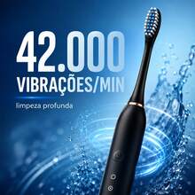 Escova de dentes elétrica ultrassônica, seis modos de velocidade, cabelo macio, carregamento usb, à prova d'água, limpador de dentes adulto, conjunto automático para casal - Branco - Visão 4