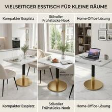 Modern Rectangular Dining Table For 2 People, Small Kitchen Table With White Marble-Effect Wooden Top And Black Metal Pedestal Base, Negotiation Table With Gold Frame For Dining Room, Kitchen, Office And Meeting Room, 80 X 60 Cm - 黑與白 - 查看 6