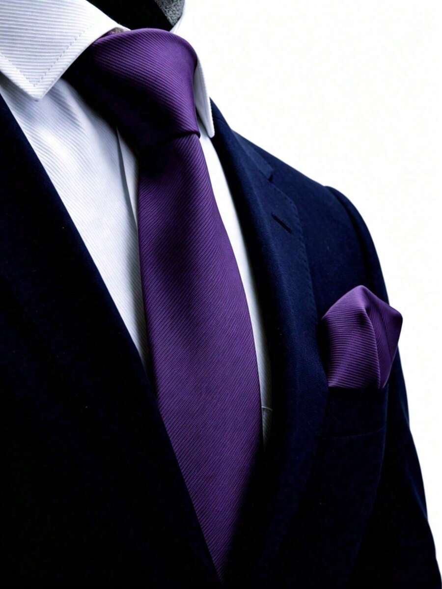 1件裝男士8cm金色紋理領帶與口袋巾套組,婚禮派對新郎領帶套組 - 紫色 - 查看 1
