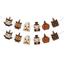 2 piezas Banderines de fiesta de Halloween con tema vintage, estilo de dibujos animados con calabaza, fantasma, gato negro, expresiones exageradas, decoración de fiesta de Halloween vintage, decoración de pared, decoración colgante para chimenea, decoración de habitación de Halloween, decoración universal para fiesta de Halloween - A - Ver 3