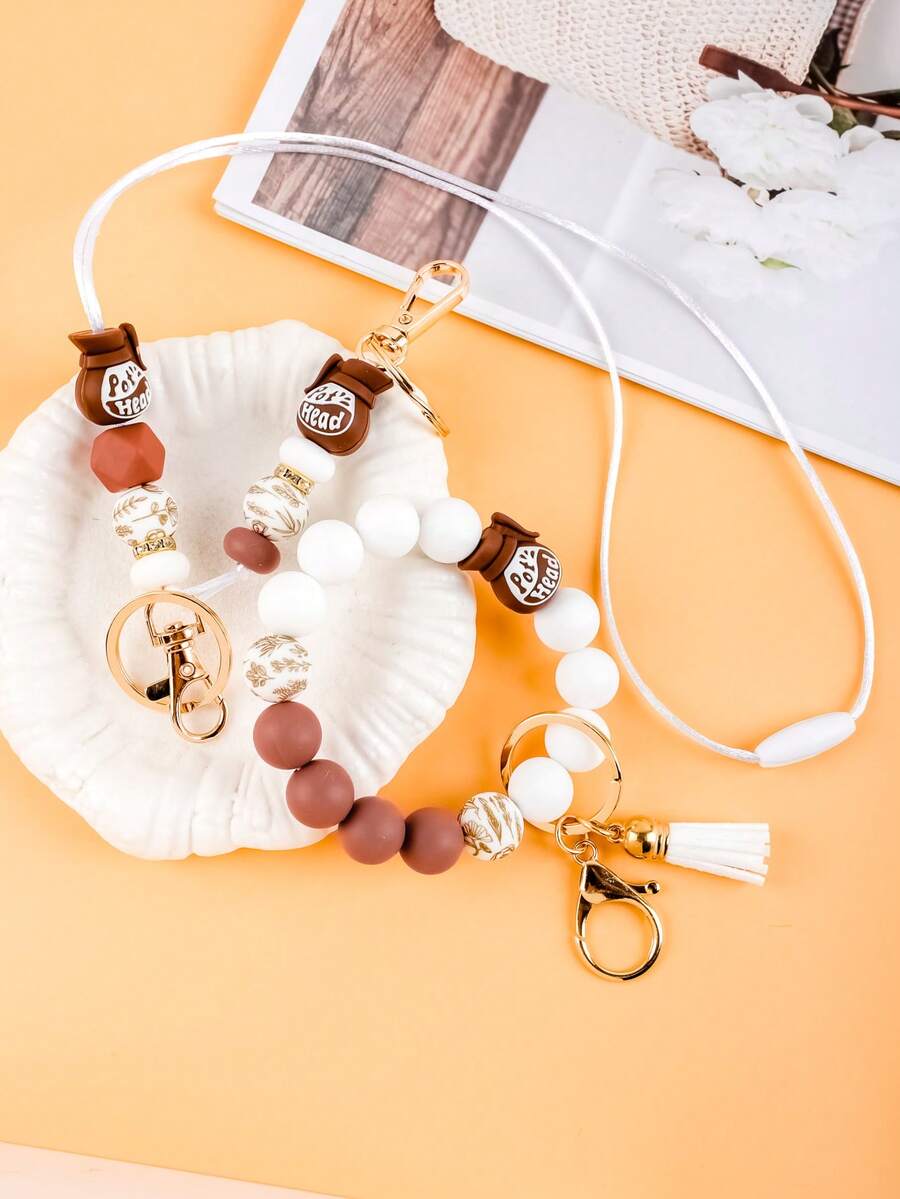 Bead Wrist Key Ring & Floral Phone Lanyard, Pot Head Coffee Keychain W/ Tassel, Gold Key Ring Lobster Clasp Nylon Lanyard, Boho Coffee Lover Bag Charm - 2830 - View 1