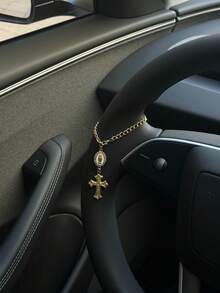 Vintage Rhinestone Virgin Mary Cross Car Hanging Ornament, Luxury Gold Chain Rearview Mirror Pendant, Unique Niche Car Interior Decor - A - View 6