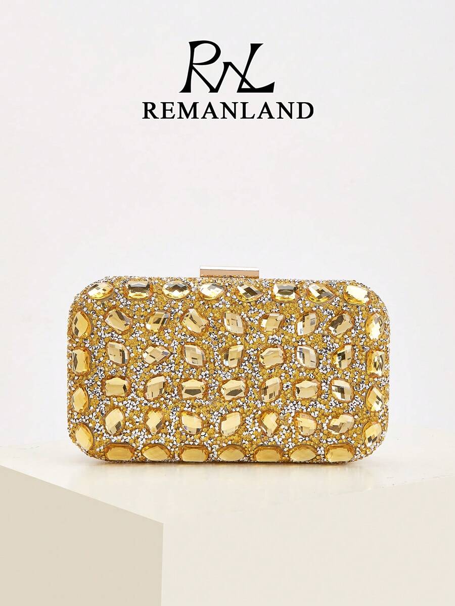 REMANLAND 亮麗精緻方盒手拿包,優雅時尚女款手提包,金色水鑽鏈條包,適合女性派對、婚禮、晚宴、盛會等場合,派對女孩與女性的理想選擇,也是送給女性的最佳禮物 - 金色 - 查看 1