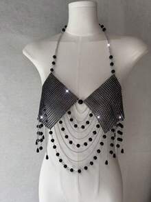 ZHENGHEN Top de arnés corporal con flecos de borlas de cuentas negras multicapa, malla con strass brillante, cuello halter y cadena corporal para actuación en escenario, estilo gótico, rave y concierto - Negro - Ver 3